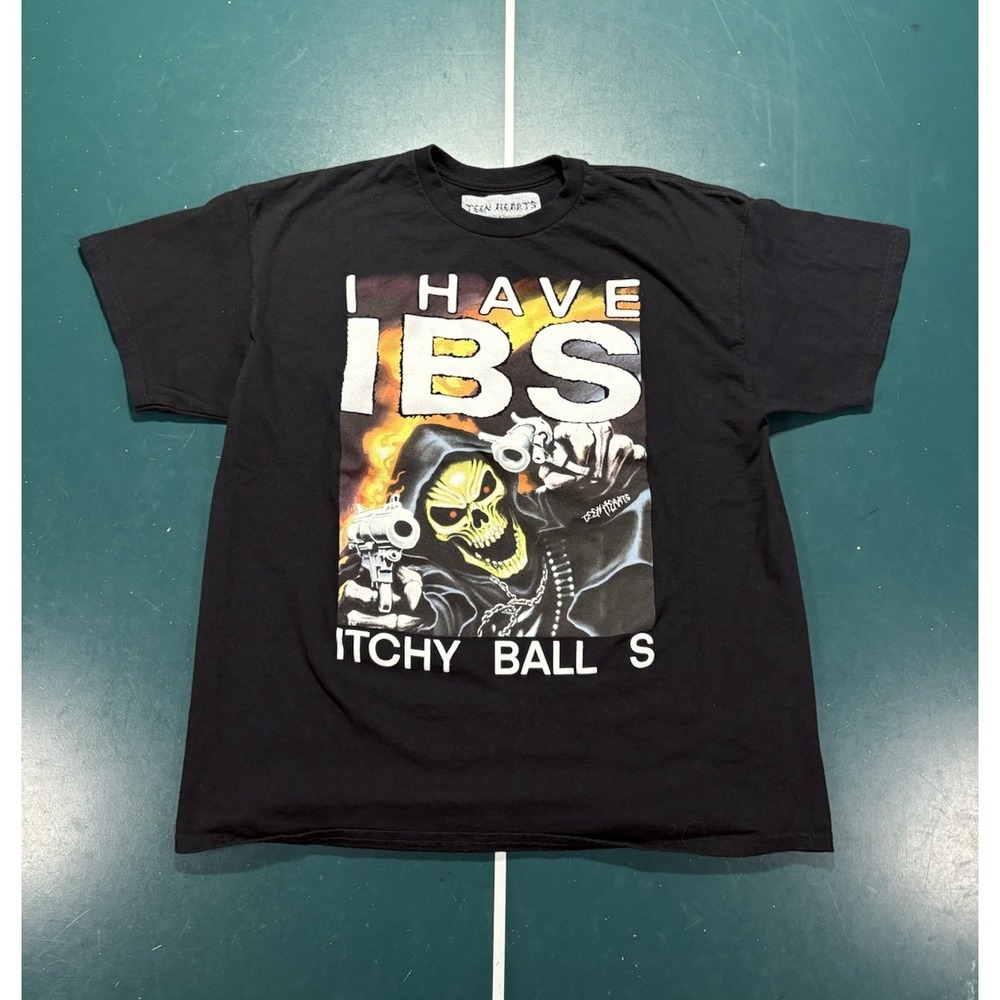 Teen Hearts Skull Itchy Balls Graphic T Shirt Large Humor Parody Crude Grunge